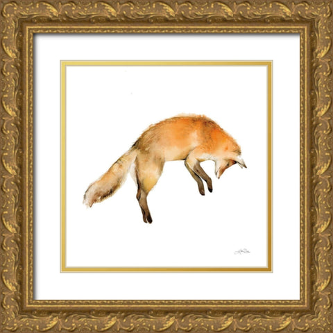 Jumping Fox on White Gold Ornate Wood Framed Art Print with Double Matting by Pete, Katrina