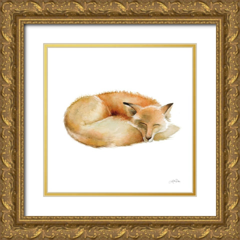 Sleeping Fox on White Gold Ornate Wood Framed Art Print with Double Matting by Pete, Katrina