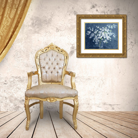 Fresh White Bouquet Dark Blue Gold Ornate Wood Framed Art Print with Double Matting by Nai, Danhui