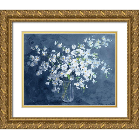 Fresh White Bouquet Dark Blue Gold Ornate Wood Framed Art Print with Double Matting by Nai, Danhui