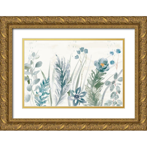 Boho Garden I No Butterflies Blue Gold Ornate Wood Framed Art Print with Double Matting by June, Dina