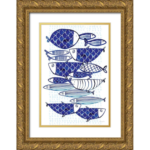 Blue Fish III Gold Ornate Wood Framed Art Print with Double Matting by Charro, Mercedes Lopez