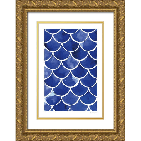 Blue Fish Waves Gold Ornate Wood Framed Art Print with Double Matting by Charro, Mercedes Lopez