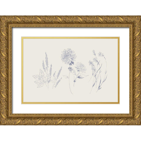 Flowers on White VIII Blue Gold Ornate Wood Framed Art Print with Double Matting by Wild Apple Portfolio