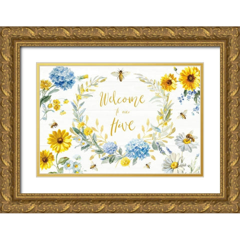 Bees and Blooms Flowers I Gold Ornate Wood Framed Art Print with Double Matting by Nai, Danhui