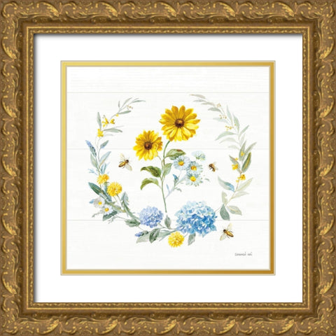 Bees and Blooms Flowers IV with Wreath Gold Ornate Wood Framed Art Print with Double Matting by Nai, Danhui