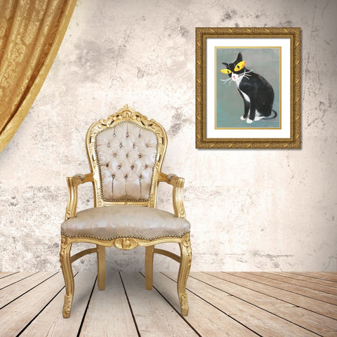 Black Kitty Gold Ornate Wood Framed Art Print with Double Matting by Nai, Danhui