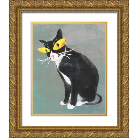 Black Kitty Gold Ornate Wood Framed Art Print with Double Matting by Nai, Danhui