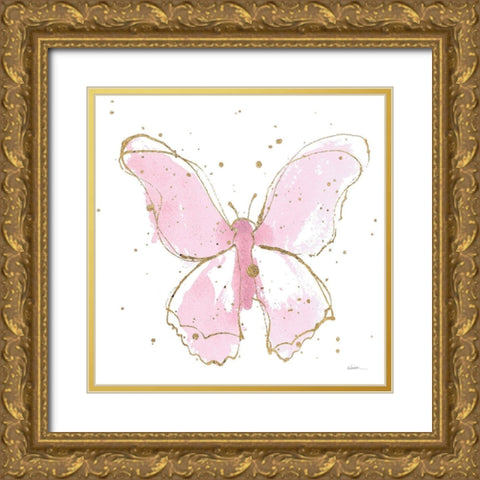 Pink Gilded Butterflies II Gold Ornate Wood Framed Art Print with Double Matting by Novak, Shirley