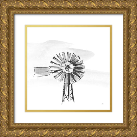 Windmill VI BW Gold Ornate Wood Framed Art Print with Double Matting by Paschke, Chris