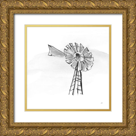 Windmill VII BW Gold Ornate Wood Framed Art Print with Double Matting by Paschke, Chris