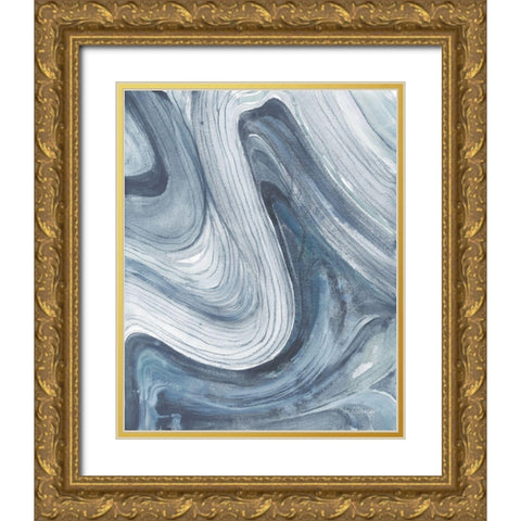 Swirl II Blue Gray Gold Ornate Wood Framed Art Print with Double Matting by Hristova, Albena