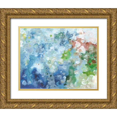 Tidepool Sparkle Pink Blue Gold Ornate Wood Framed Art Print with Double Matting by Nai, Danhui