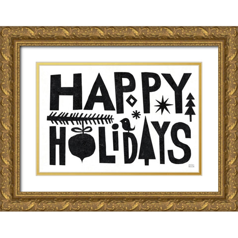 Christmas Whimsy Happy Holidays Black Gold Ornate Wood Framed Art Print with Double Matting by Mullan, Michael