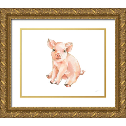 Sweet Piggy Sitting Gold Ornate Wood Framed Art Print with Double Matting by Pete, Katrina