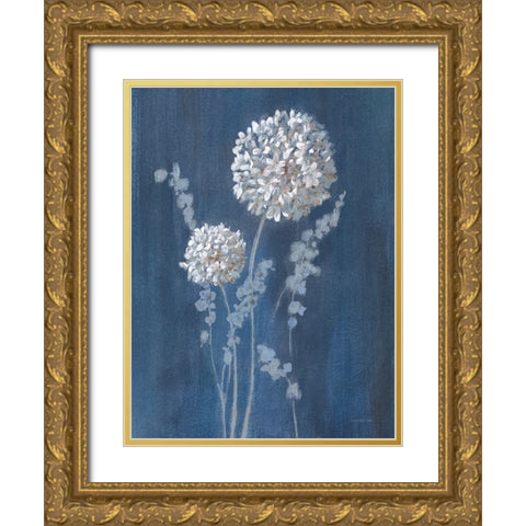 Airy Blooms I Dark Blue Gold Ornate Wood Framed Art Print with Double Matting by Nai, Danhui