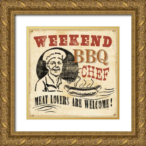 Weekend BBQ Chef Gold Ornate Wood Framed Art Print with Double Matting by Pela Studio