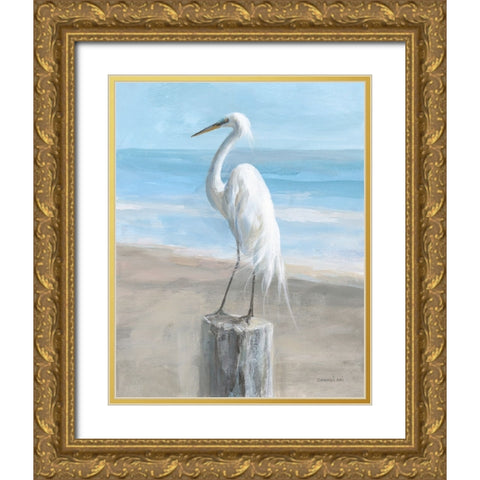 Egret by the Sea Gold Ornate Wood Framed Art Print with Double Matting by Nai, Danhui