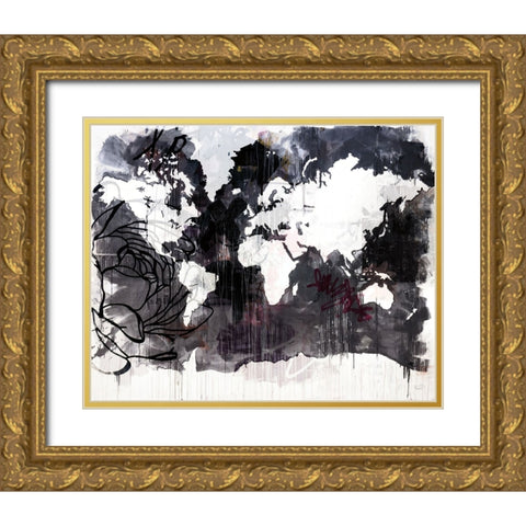 Floral Graffiti World Map Gold Ornate Wood Framed Art Print with Double Matting by Youngstrom, Kent
