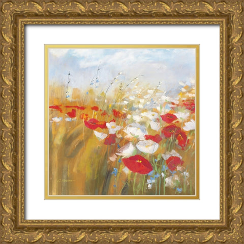 Poppies and Larkspur I Gold Ornate Wood Framed Art Print with Double Matting by Rowan, Carol