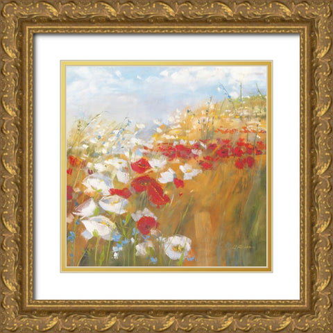 Poppies and Larkspur II Gold Ornate Wood Framed Art Print with Double Matting by Rowan, Carol