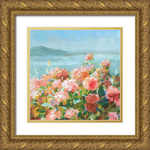 Coastal Dahlias II Gold Ornate Wood Framed Art Print with Double Matting by Nai, Danhui