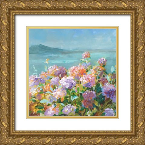 Beach Hydrangeas Gold Ornate Wood Framed Art Print with Double Matting by Nai, Danhui