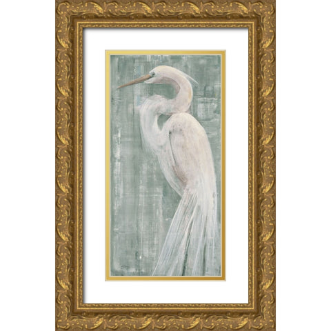 Coastal Egret II Green Gold Ornate Wood Framed Art Print with Double Matting by Hristova, Albena