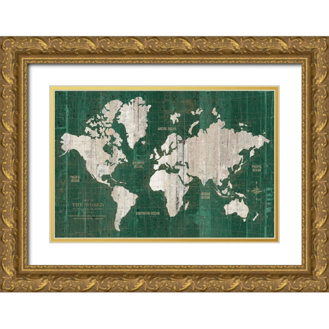 Old World Map Green Gold Ornate Wood Framed Art Print with Double Matting by Wild Apple Portfolio