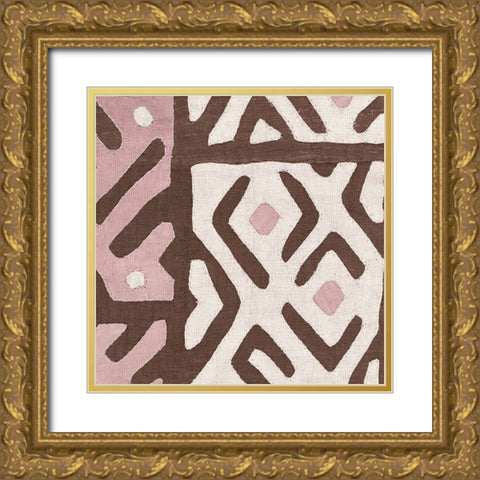 Kuba Cloth I Sq I Pink and White Gold Ornate Wood Framed Art Print with Double Matting by Wild Apple Portfolio
