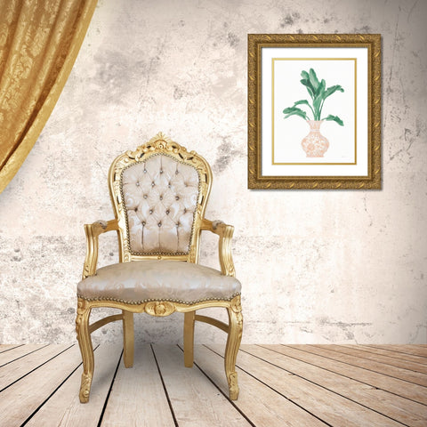 Palm Chinoiserie I Pink Green v2 Gold Ornate Wood Framed Art Print with Double Matting by Nai, Danhui