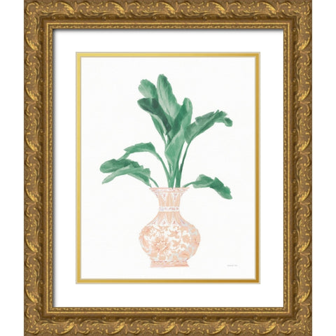 Palm Chinoiserie I Pink Green v2 Gold Ornate Wood Framed Art Print with Double Matting by Nai, Danhui