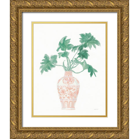 Palm Chinoiserie III Pink Green v2 Gold Ornate Wood Framed Art Print with Double Matting by Nai, Danhui