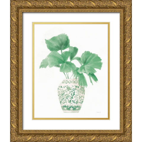 Palm Chinoiserie IV Pink Green Gold Ornate Wood Framed Art Print with Double Matting by Nai, Danhui