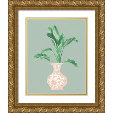 Palm Chinoiserie I Pink Green v2 Gold Ornate Wood Framed Art Print with Double Matting by Nai, Danhui