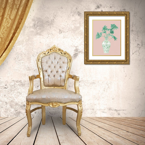 Palm Chinoiserie III Pink Green v2 Gold Ornate Wood Framed Art Print with Double Matting by Nai, Danhui