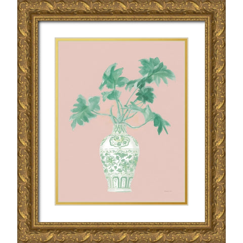Palm Chinoiserie III Pink Green v2 Gold Ornate Wood Framed Art Print with Double Matting by Nai, Danhui
