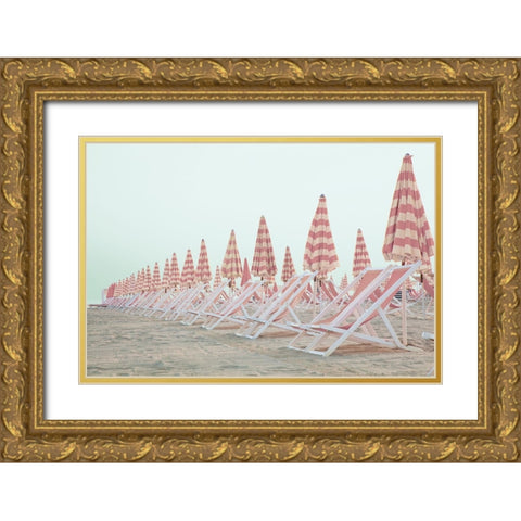 Pink Umbrellas Gold Ornate Wood Framed Art Print with Double Matting by Aledanda