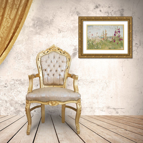 Hollyhocks by the Sea Gold Ornate Wood Framed Art Print with Double Matting by Blum, Cheri