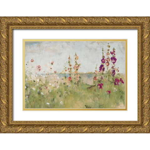 Hollyhocks by the Sea Gold Ornate Wood Framed Art Print with Double Matting by Blum, Cheri