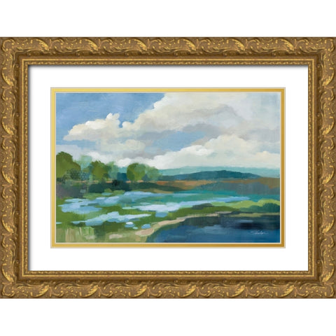 Blue Coastal Flowers Gold Ornate Wood Framed Art Print with Double Matting by Vassileva, Silvia