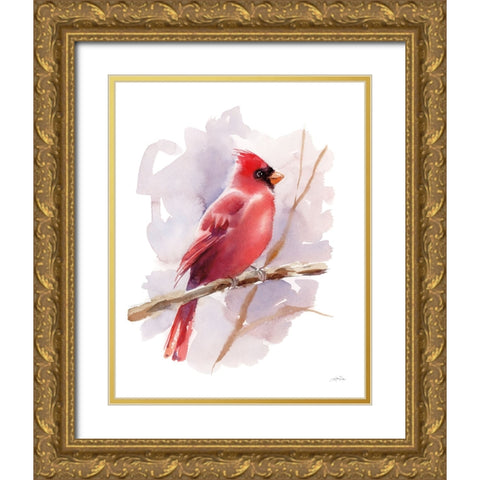 Winter Cardinal Gold Ornate Wood Framed Art Print with Double Matting by Pete, Katrina