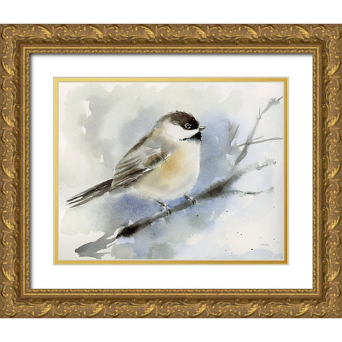 Winter Chickadee Gold Ornate Wood Framed Art Print with Double Matting by Pete, Katrina