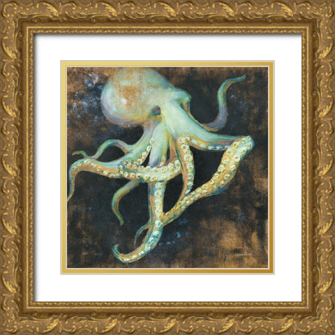 Ocean Octopus on Black Gold Ornate Wood Framed Art Print with Double Matting by Nai, Danhui