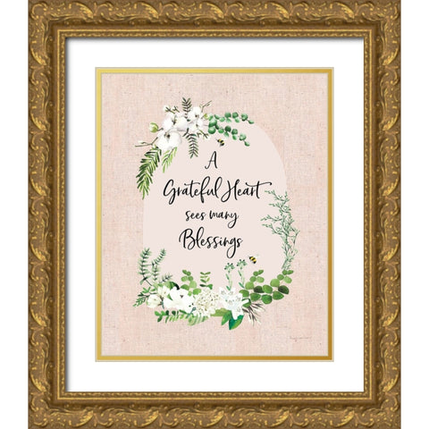 Gratitude Flowers I Linen Greenery Gold Ornate Wood Framed Art Print with Double Matting by Charro, Mercedes Lopez