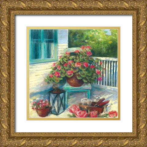 Porch Geraniums Gold Ornate Wood Framed Art Print with Double Matting by Rowan, Carol