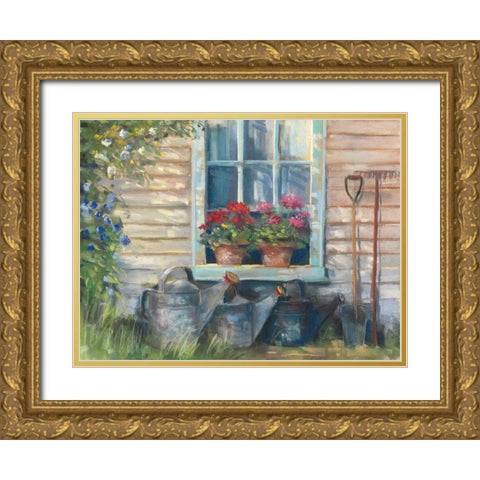 Window with Geraniums Gold Ornate Wood Framed Art Print with Double Matting by Rowan, Carol