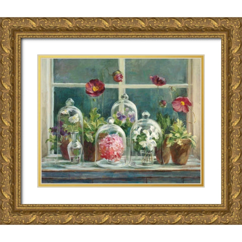 Purple Poppies Windowsill Crop Gold Ornate Wood Framed Art Print with Double Matting by Nai, Danhui