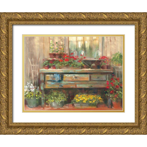 Gardners Table Gold Ornate Wood Framed Art Print with Double Matting by Rowan, Carol