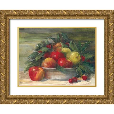 Apples and Holly Gold Ornate Wood Framed Art Print with Double Matting by Rowan, Carol